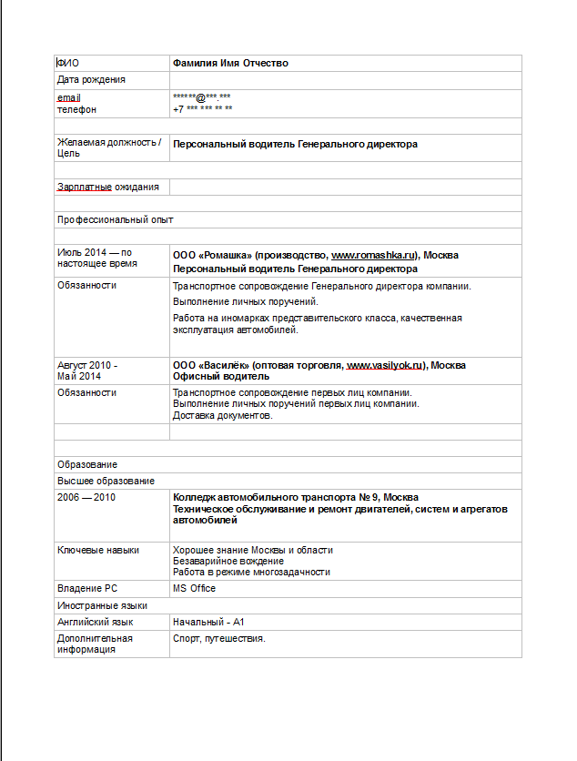 Резюме водителя на работу