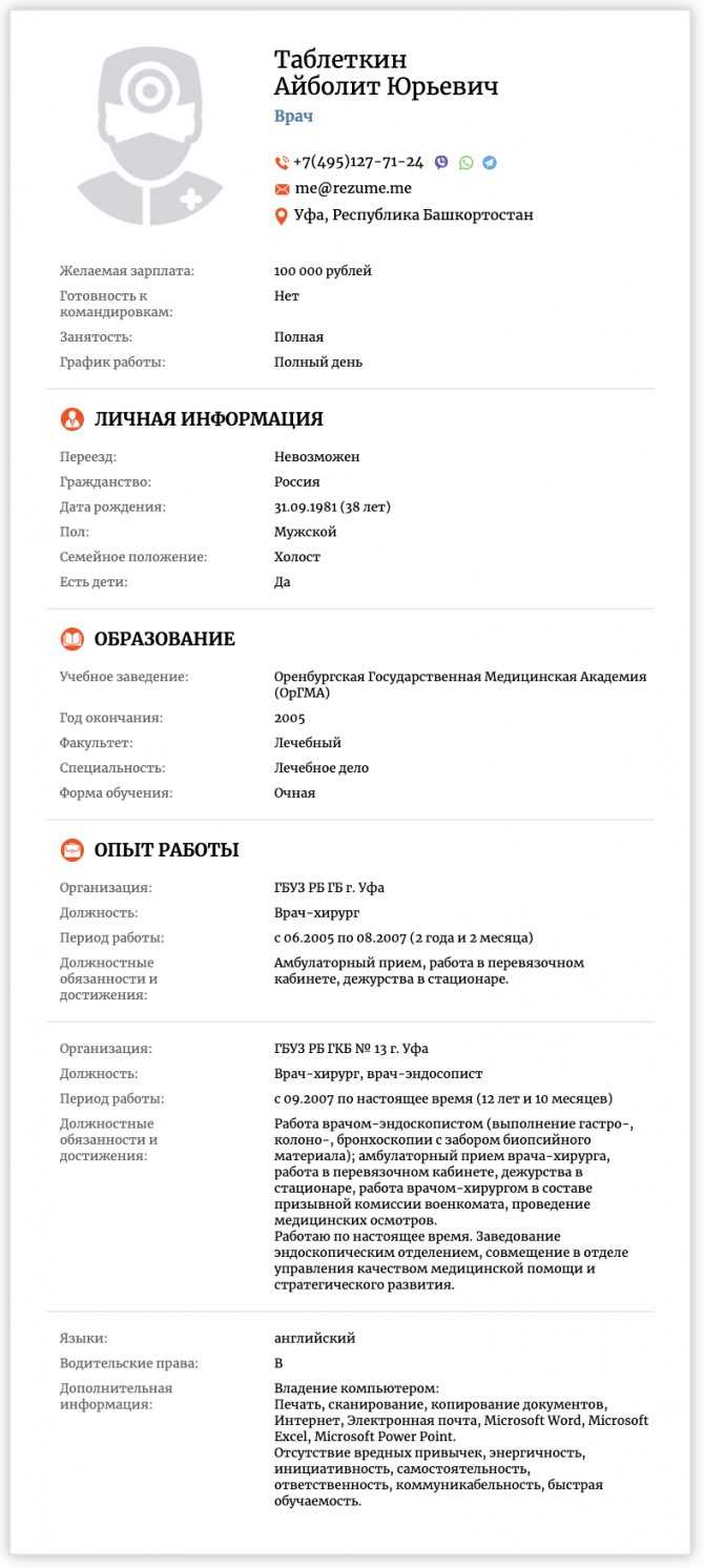 Резюме врача: как скачать и заполнить образец